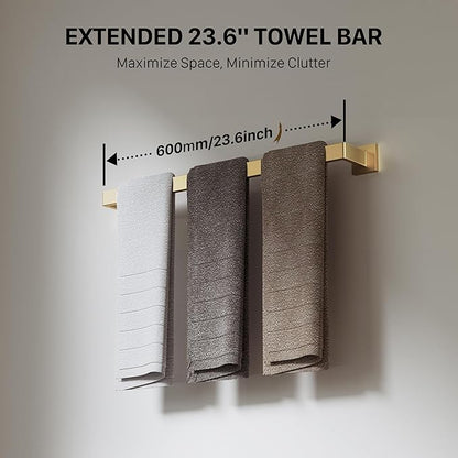 10-Piece Brushed Gold Bathroom Accessories Set, 23.6 Inch Bathroom Hardware Set, SUS304 Stainless Steel Bath Towel Bar Set, Toilet Paper Holder with Shelf, Towel Hooks & Ring Wall Mounted