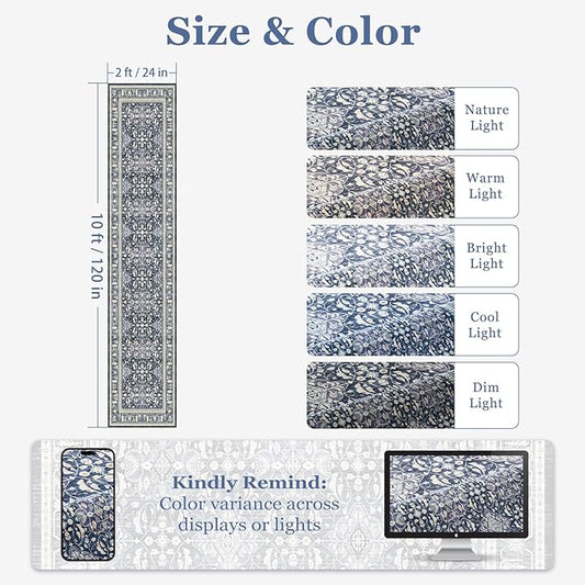 Blue 2x10 Rug Runners for Hallways Non Slip, Long Kitchen Runner Rugs Non Skid Washable, Transitional Floral Trellis Low Pile Thine Carpet Runners for Entryway Corridor Mudroom Foyer