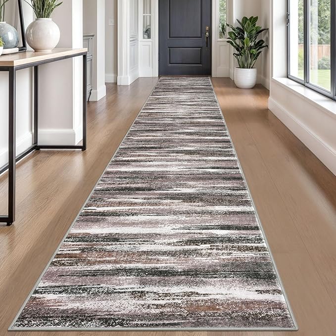 Modern Abstract Runner Rug 2.6x18, Dark Light Brown White Washable Long Kitchen Runner Non-Slip Soft Hallway Rug Runner Thin Print Faux Wool Carpet for Entryway Bedroom Laundry Room Indoor