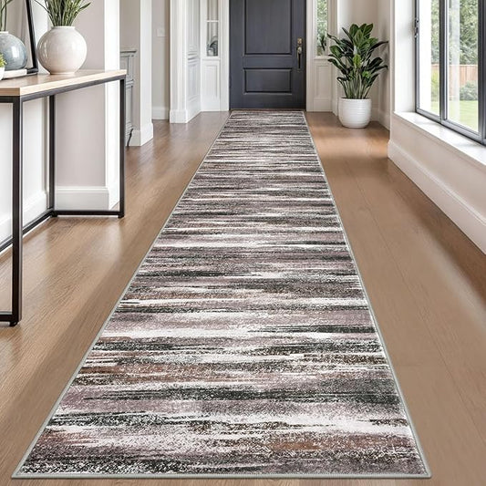 Modern Abstract Runner Rug 2.6x18, Dark Light Brown White Washable Long Kitchen Runner Non-Slip Soft Hallway Rug Runner Thin Print Faux Wool Carpet for Entryway Bedroom Laundry Room Indoor