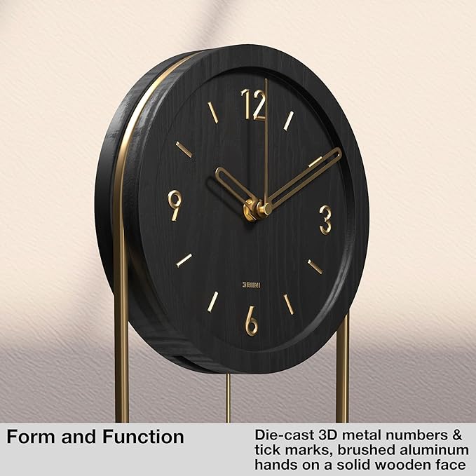 Driini Decorative Wall Clock with Pendulum (Black) – Modern Wood, 3D Gold Numbers, Metal Frame – Small, Unique Wall Clocks for Living Room Decor or Bathroom - Battery Operated, Silent, Non-Ticking