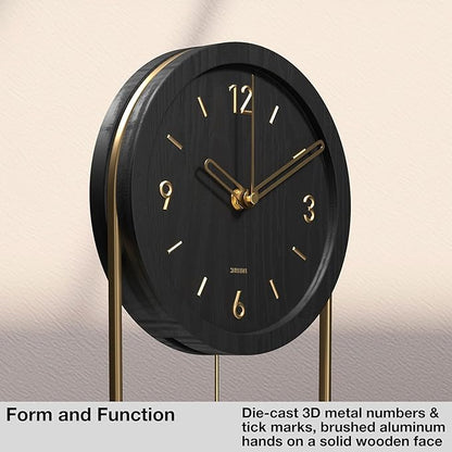Driini Decorative Wall Clock with Pendulum (Black) – Modern Wood, 3D Gold Numbers, Metal Frame – Small, Unique Wall Clocks for Living Room Decor or Bathroom - Battery Operated, Silent, Non-Ticking