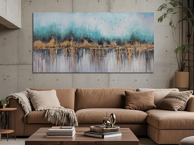 Ardemy Abstract Canvas Wall Art Teal and Gold Paintings Wall Decor Bedroom Large Pictures Textured Artwork for Walls Home Office Living Room 48"x24"