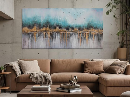 Ardemy Abstract Canvas Wall Art Teal and Gold Paintings Wall Decor Bedroom Large Pictures Textured Artwork for Walls Home Office Living Room 48"x24"