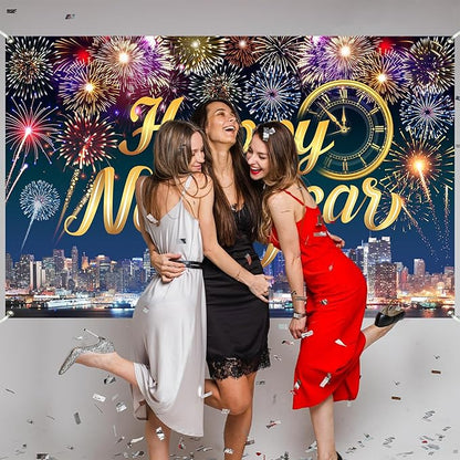 Gold Happy New Year Banner 2026 Colorful Fireworks Happy New Year Decorations Backdrop with Clock City Scene for 2026 Backdrop Family Gathering Party Supplies 5.9×3.6 Ft (Polyester)