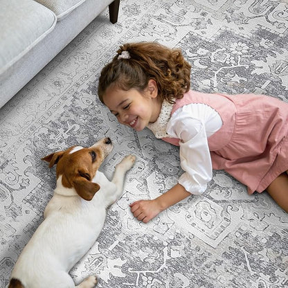 GENIMO 5x7 Area Rugs for Living Room, Machine Washable Rug, Non Slip Indoor Vintage Rug, Low Pile Lightweight Chenille Print Carpet for Bedroom Dining Room Home Office, Gray