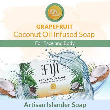 Coco Fiji Soap Bar for Face and Body Infused With Organic Coconut Oil, Grapefruit, Essential Oil, Natural Soap for Moisturizing & Pore Purifying Skin, 7 oz,Pack of 2