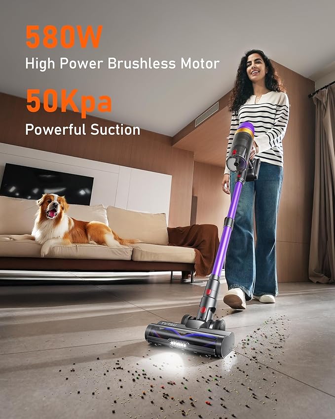 Cordless Vacuum Cleaner, 580W 50Kpa Suction, 70Mins Runtime, Self-Standing Stick Vacuum with LED Display, V-Shape Anti-Tangle Brush for Hard Floor Carpets Pet Hair
