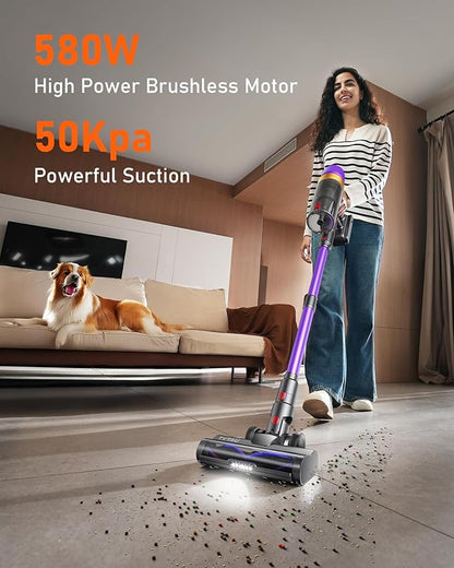 Cordless Vacuum Cleaner, 580W 50Kpa Suction, 70Mins Runtime, Self-Standing Stick Vacuum with LED Display, V-Shape Anti-Tangle Brush for Hard Floor Carpets Pet Hair