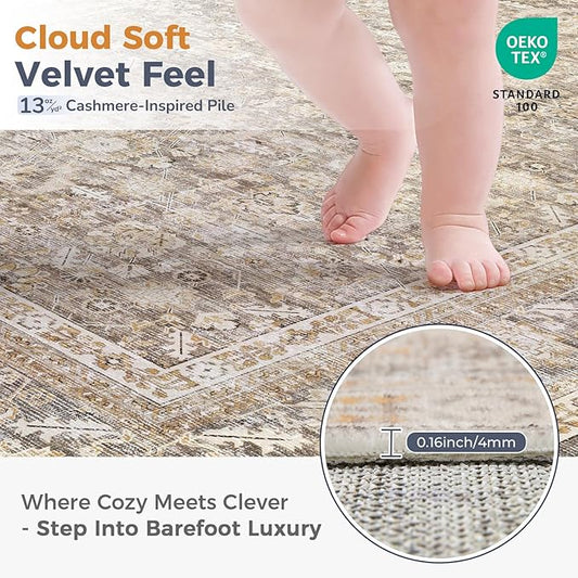 OPPODREAM Thin Vintage Beige 3x10 Runner Rug, 3 x 10 Retro Washable Rug Non Slip, Low-Pile Faux Wool Carpet, Distressed Tan Floor Mat for Kitchen, Hallway, Entry-Way, Entrance, Indoor Back Door