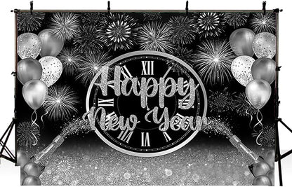 MEHOFOND 10x7ft Happy New Year Backdrop Silver 2026 New Year Eve Party Decorations Banner Supplies Shining Champagne Balloons Firework Photography Background New Years Eve Photo Studio Props