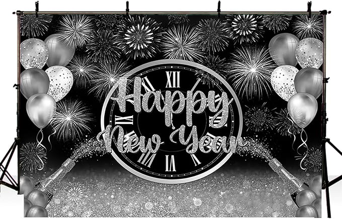 MEHOFOND 8x6ft Happy New Year Backdrop Silver 2026 New Year Eve Party Decorations Banner Supplies Shining Champagne Balloons Firework Photography Background New Years Eve Photo Studio Props