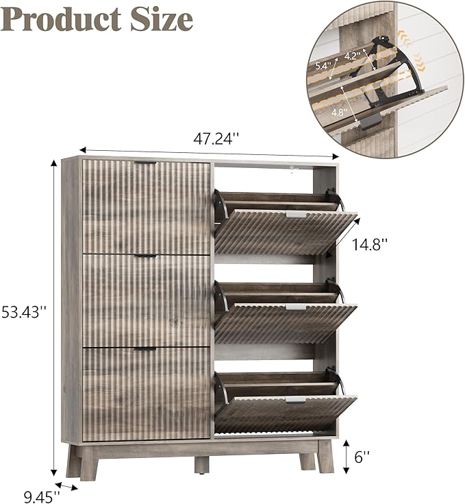 Shoe Cabinet Storage for Entryway with 6 Flip Drawers, Fluted Narrow Shoe Organizer with Wooden Legs, Freestanding Slim Shoe Storage Hidden Shoe Rack Organizer for Front Door Entrance, Grey