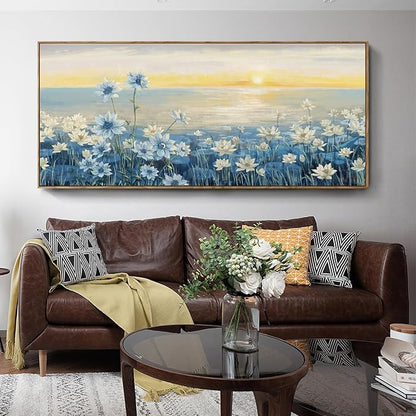amatop Giant Framed Wall Art for Living Room Extra large Modern Coastal Beachy Canvas Wall Art Big Floral Sunrise Blue Wall Picture Oversized Lake Nature Sunset Artwork Office Bedroom Decor 71“x31”