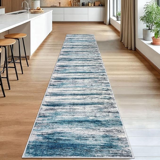 KOZYFLY Modern Abstract Hallway Runner Rug,2.6x14 Washable Rug Runner Non-Slip Soft Striped Kitchen Runner Rugs, Print Blue Carpet Runner for Entryway Bathroom Laundry Room Foyer