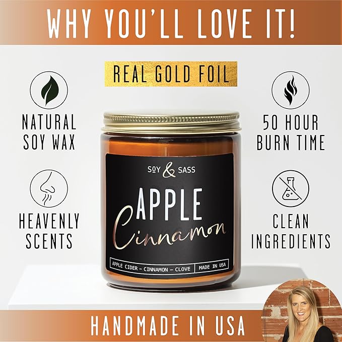 Apple Cinnamon Candles, Cinnamon Apple Candle - 'Apple Cinnamon' Infused w/Essential Oils I Scented Strong Soy Candles for Home for Christmas/Fall I Apple Pie Candle I 50Hr Burn, Made in USA