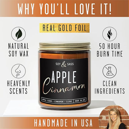 Apple Cinnamon Candles, Cinnamon Apple Candle - 'Apple Cinnamon' Infused w/Essential Oils I Scented Strong Soy Candles for Home for Christmas/Fall I Apple Pie Candle I 50Hr Burn, Made in USA