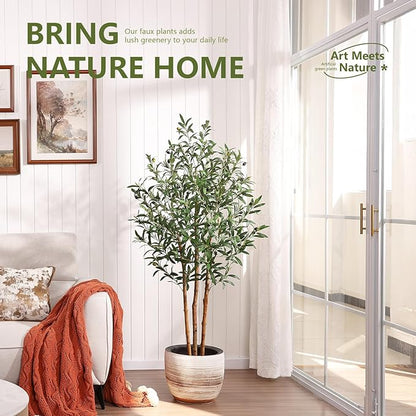 5FT Olive Tree Artificial Indoor Faux Plant - Tall Fake Silk Tree, Natural Trunk, Easy Maintenance Fake Tree Home Decor - Large Indoor Plant for Living Room, Office, Modern Home,VN356