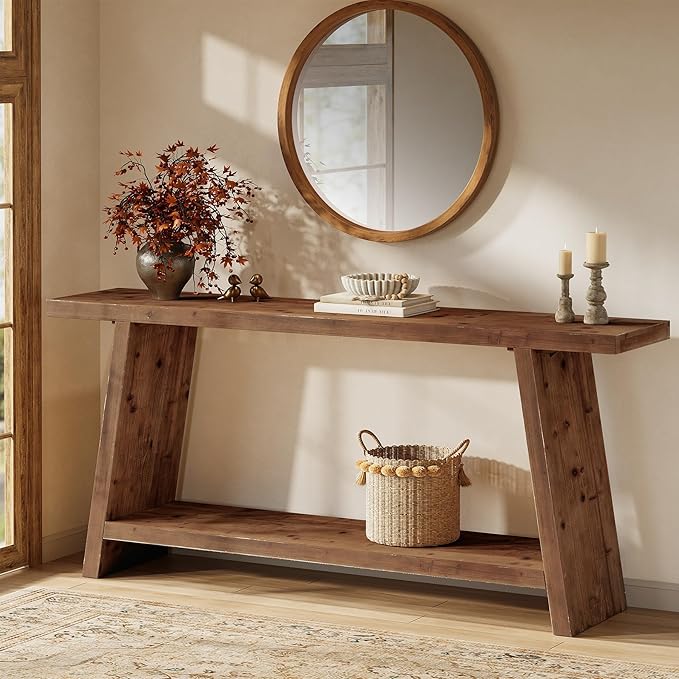 70.9'' Solid Wood Console Table, Narrow Long Sofa Table Behind Couch with 2-Tier Storage, Farmhouse Entryway Table for Living Room, Hallway, Foyer, Brown