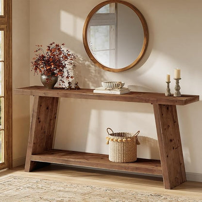 70.9'' Solid Wood Console Table, Narrow Long Sofa Table Behind Couch with 2-Tier Storage, Farmhouse Entryway Table for Living Room, Hallway, Foyer, Brown