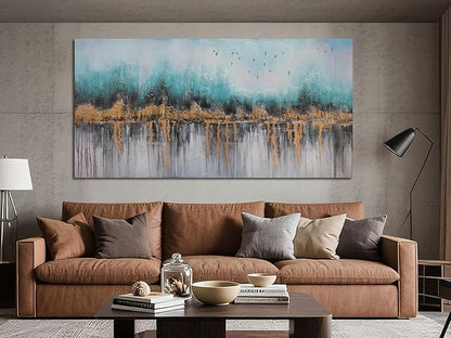Ardemy Abstract Canvas Wall Art Teal and Gold Paintings Wall Decor Bedroom Large Pictures Textured Artwork for Walls Home Office Living Room 58"x29"