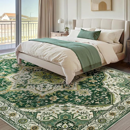 Area Rugs for Living Room 9x12 - Large Machine Washable Vintage Oriental Soft Rug, Low Pile Thin Carpet with Non Slip Backing for Bedroom, Dorm, Under Dining Room Table, Indoor House, Office Decor