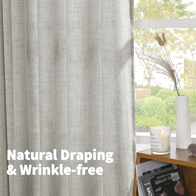 YoungsTex Extra Long Linen Curtains 95 Inch Length for Living Room, Light Grey Semi Sheer Drapes with Bronze Grommet Light Filtering for Dining Bedroom, 2 Panels, 52 X 95 Inch