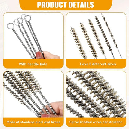 Wire Tube Brushes for Cleaning Pipe Tube Brass Stainless Steel Round Wire Brush for Auto Parts, Bottles, Tubes, 5 Sizes(10 Pieces)