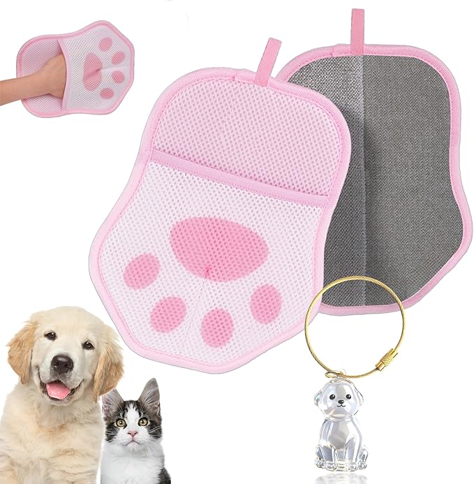 2025 Upgrade Electrostatic Pet Hair Removal Glove, A Reusable Pet Hair Remover Tool for Cats, Dogs, Clothing, Couches, Carpets(Pink Glove, Dog Keychain)