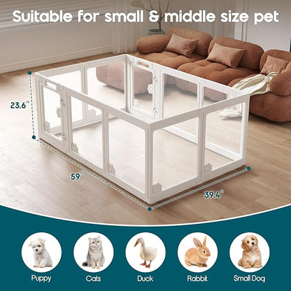 Albott Acrylic Clear Dog Playpen Indoor, Modular Puppy Cat Small Pet Play Pen with 2 Doors, Transparent Fence for Little Dogs, Cats, Rabbits, Easy Assemble and Disassemble, White (24" H, 10 pcs)