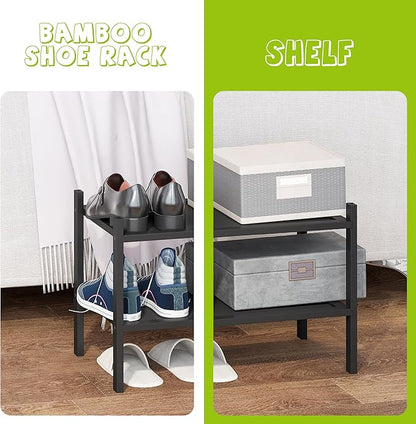 BMOSU 2-Tier Bamboo Small Shoe Rack Premium Stackable Shoe Shelf Storage Organizer for Hallway Closet Living Room Entryway Organizer(Black)