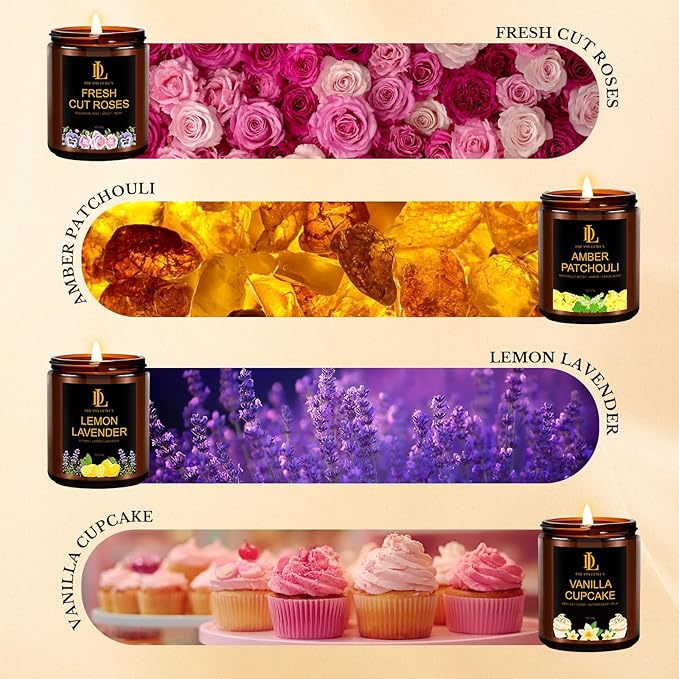 4 Pack Candles for Home Scented, 28 oz Soy Aromatherapy Candle Set, Holiday Valentine's Day Candle Gifts for Women, Scents of Fresh Cut Roses/Lemon Lavender/Vanilla Cupcake/Amber Patchouli