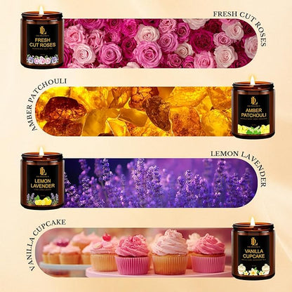 4 Pack Candles for Home Scented, 28 oz Soy Aromatherapy Candle Set, Holiday Valentine's Day Candle Gifts for Women, Scents of Fresh Cut Roses/Lemon Lavender/Vanilla Cupcake/Amber Patchouli