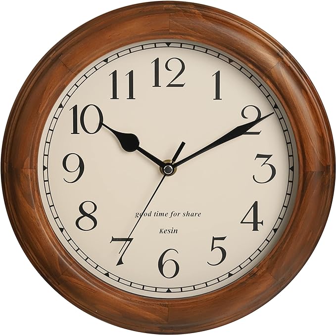 Wooden Wall Clock with Retro Design, 11 Inches Round Wall Clocks Battery Operated Silent Non-Ticking, Big Arabic Numerals, for Kitchen Living Room Classroom Gym and Pool, Brown