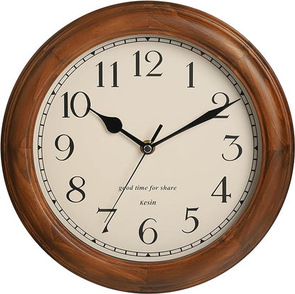 Wooden Wall Clock with Retro Design, 11 Inches Round Wall Clocks Battery Operated Silent Non-Ticking, Big Arabic Numerals, for Kitchen Living Room Classroom Gym and Pool, Brown