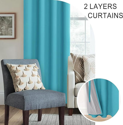 XWZO 100% Blackout Curtains 63 Inches Length with Tiebacks - Heat and Light Blocking Ring Top Window Drapes with Black Liner Backing for Bedroom/Kid's Room, Turquoise, W60 x L63, Set of 2 Panels