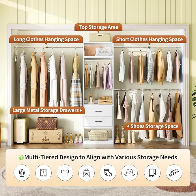 78.7" H Metal Closet System with 2 Drawers, 4.6-7.8 FT Closet Organizer with 5 Hanging Rods, Walk In Closet Organizer System, Built-in Wardrobe Clothes Rack