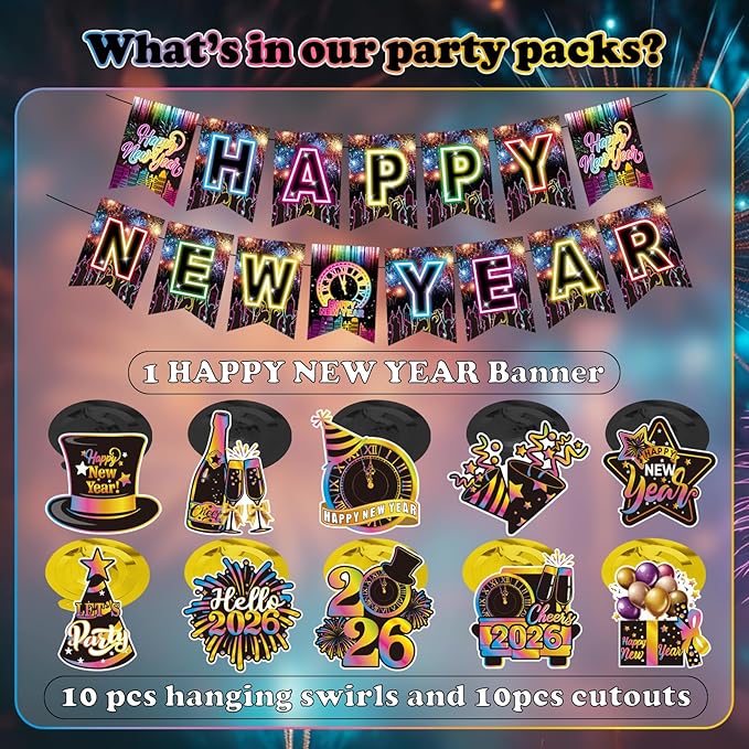 Colorful Happy New Year Banner & Hanging Swirls, Neon Themed 2026 Happy New Years Paper Banner Ceiling Swirl Streamers for New Years Eve Party Supplies