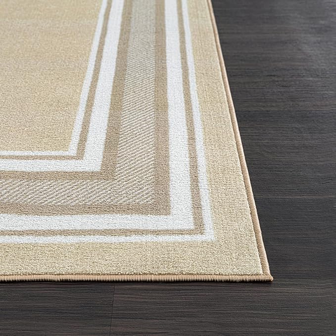 Beverly Rug Non Slip Area Rugs 2x7 Modern Bordered Non Skid Rubber Backing Soft Runner Rug for Living Dining Room Easy to Clean Non Shedding Kitchen Bedroom Indoor Carpet 2 x 7 Beige