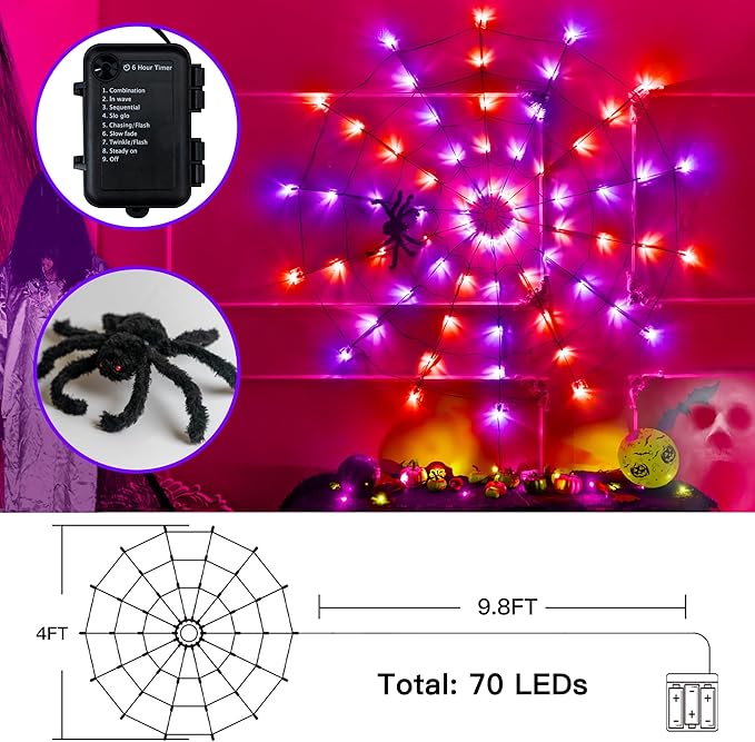 Ollny Spider Web Decoration 4FT 70 LED, Orange and Purple Halloween Lights with Black Spider Battery Powered 8 Modes Timer, Waterproof Cobweb String Light for Outdoor Indoor House Yard Party