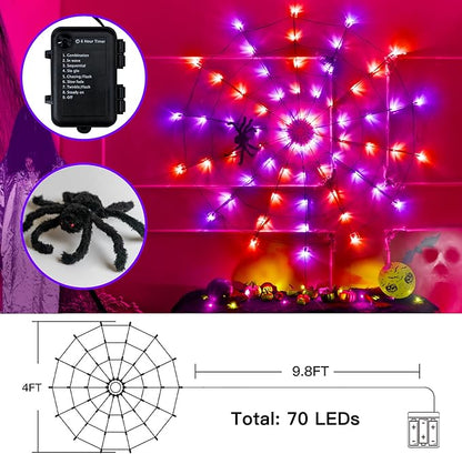 Ollny Spider Web Decoration 4FT 70 LED, Orange and Purple Halloween Lights with Black Spider Battery Powered 8 Modes Timer, Waterproof Cobweb String Light for Outdoor Indoor House Yard Party