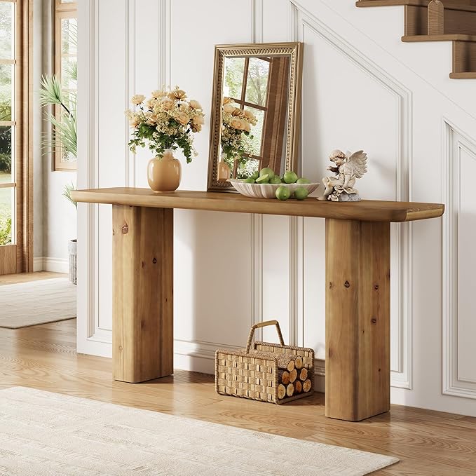 63-Inch Solid Wood Console Table, Wooden Sofa Table Behind Couch, Farmhouse Entryway Table, for Living Room, Foyer, Hallway, Entrance, Easy Assembly, Rustic Brown