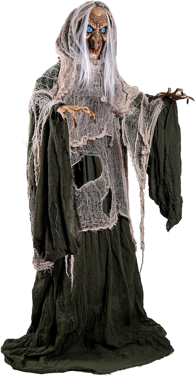 JOYIN 65" Halloween Animatronics Witch Decorations Outdoor with LED Eyes and Creepy Sound, Scary Life Size Animated Decor for Haunted House Lawn Yard