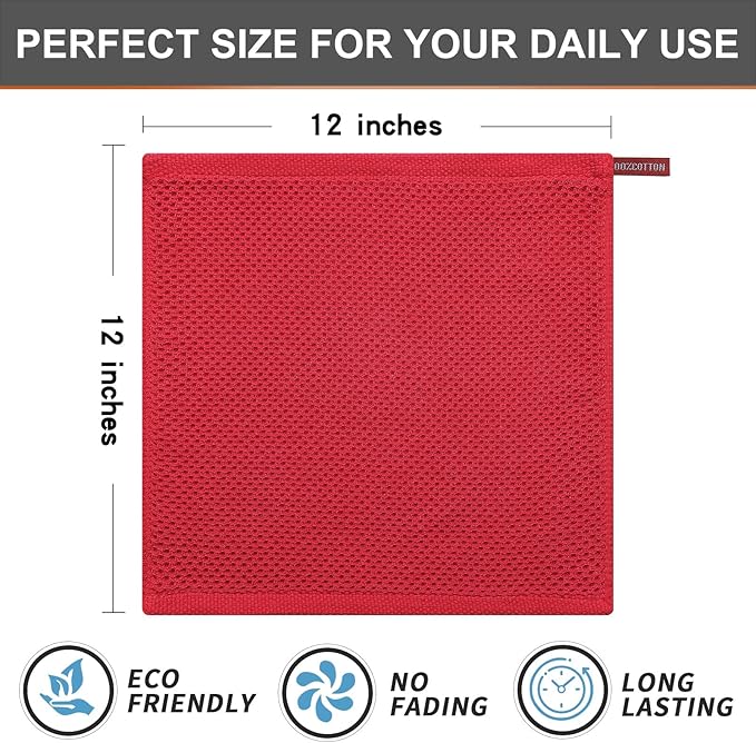 Kitinjoy 100% Cotton Kitchen Dish Cloths, 8 Pack Waffle Weave Ultra Soft Absorbent Dish Towels for Drying Dishes Quick Drying Kitchen Towels Dish Rags, 12 X 12 Inches, Red