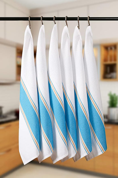 Goroly Home 6 Pack 100% Cotton Farmhouse Vintage Dish Towels Tea Towels Highly Absorbent Quick Dry Professional Grade with Hanging Loop - Twill Waffle - 18x28 Inch - Turquoise Blue