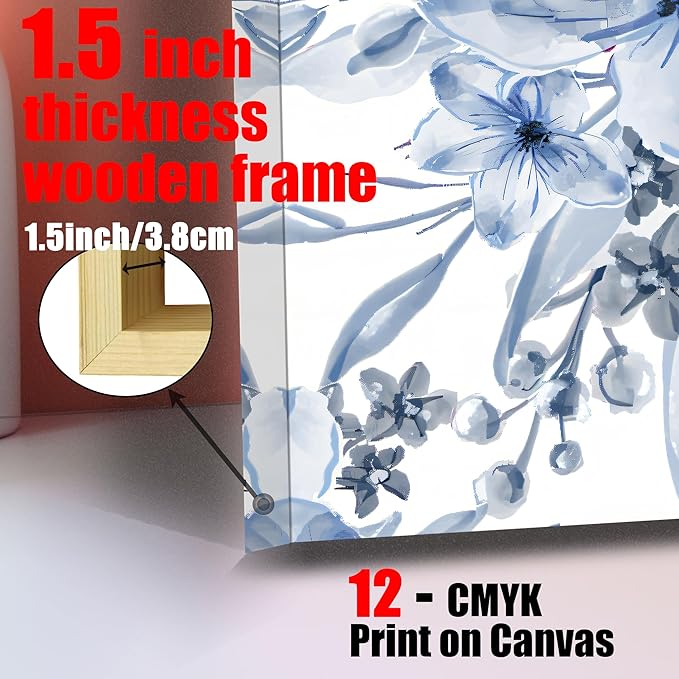 CanvasGarden Floral Canvas Wall Art, Blue and Purple Floral with Gold Lines Watercolor Poster Glam Botanical Soft Flower Home Decor, Framed Prints for Living Room Bedroom Office Decor, 32x16Inch