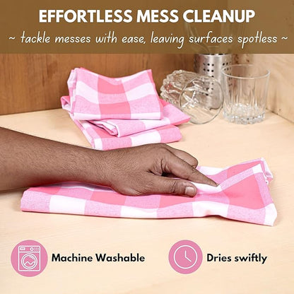 Native Fab Pink Checked Kitchen Towel 16"x26" - 4 Pack Buffalo Plaid Cotton Dish Towels - Absorbent Dishcloth Set, Soft Reusable Towels with Hanging Loop - Pink White