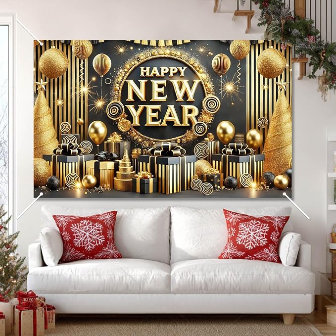 Happy New Year Backdrop 71x43 Inch Black Gold Party Banner Luxury Fireworks Celebration Background Elegant Holiday Wall Decor for New Year Eve Party Photo Booth Home Event