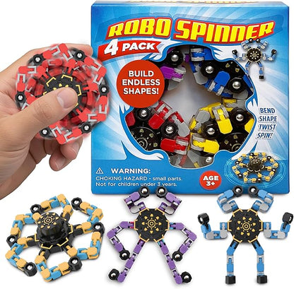 Stomp Rocket Robo Spinner, Transformable Fidget Spinner, 4-Pack - Transformer Robot Fidget Toy for Kids - Cool Sensory Gadgets - Spinning STEM Gifts & Party Favors for Boys, Girls, Teens & Adults