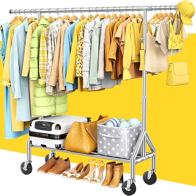 Upgraded 100% Stainless Steel Clothing Rack Load 760LBS, Heavy Duty Clothes Racks with Larger & Sturdy Wheel, Extendable & Adjustable Rolling Garment with Shelves for Hanging Portable Closet Rack